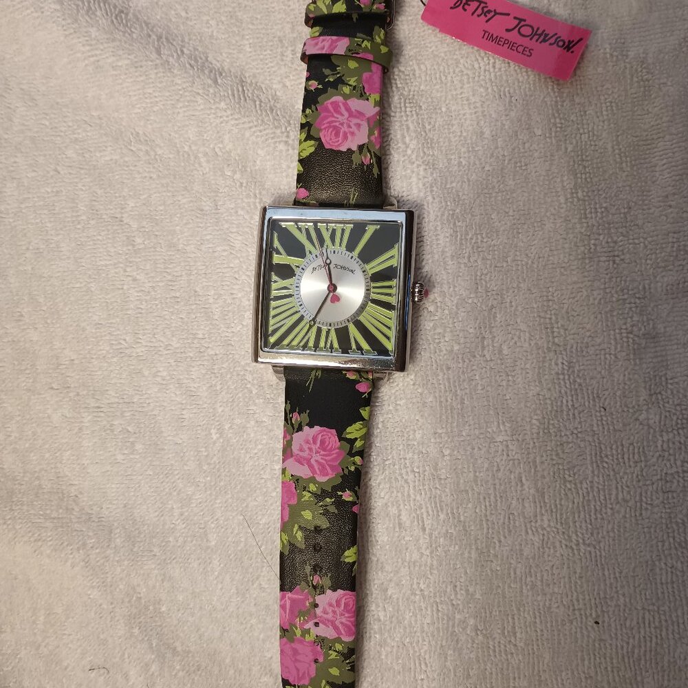 Betsy Johnson Silver & Black Dial Watch Floral Faux Leather Strap HUGE